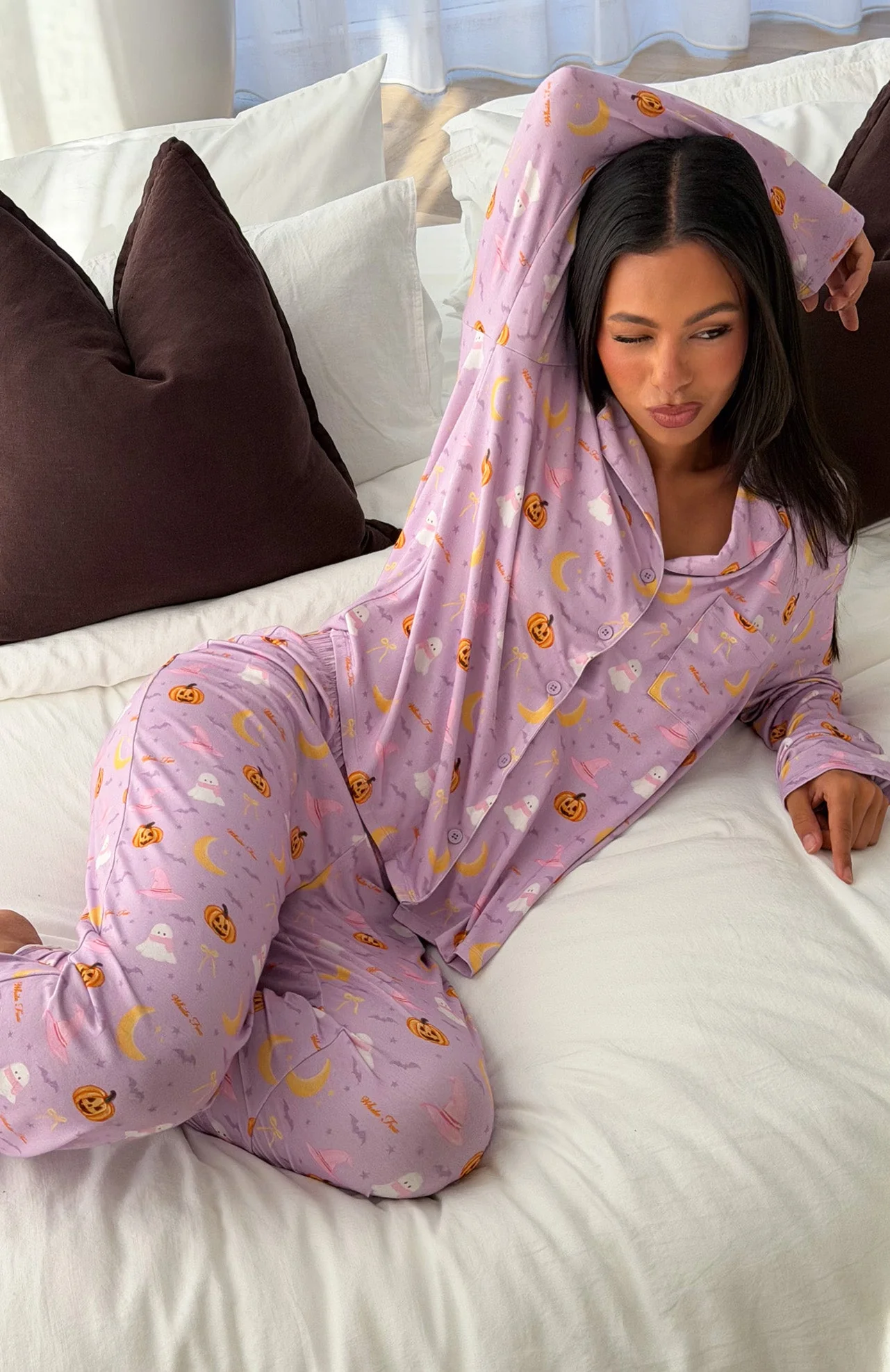 Pillow Talk Printed Long Sleeve Pyjama Set Lavender Haunt